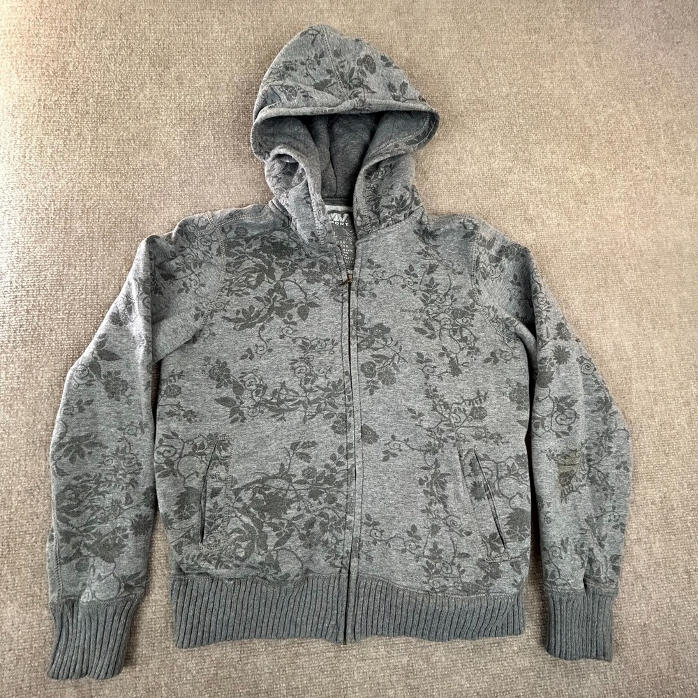 MV Sport Hoodie Womens Large Gray Floral Print Ribbed Hem Raglan Sleeve Full Zip